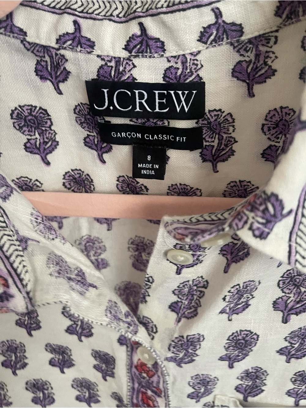 J.Crew Embellished Tropez Shirt Lilac Block Print Ramie Blouse Medium - Picture 8 of 8